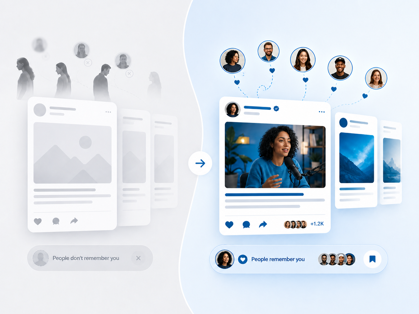 A side-by-side comparison: faded grey content with the caption 'People don't remember you' on the left, and a vibrant content post with engaged followers and the caption 'People remember you' on the right.