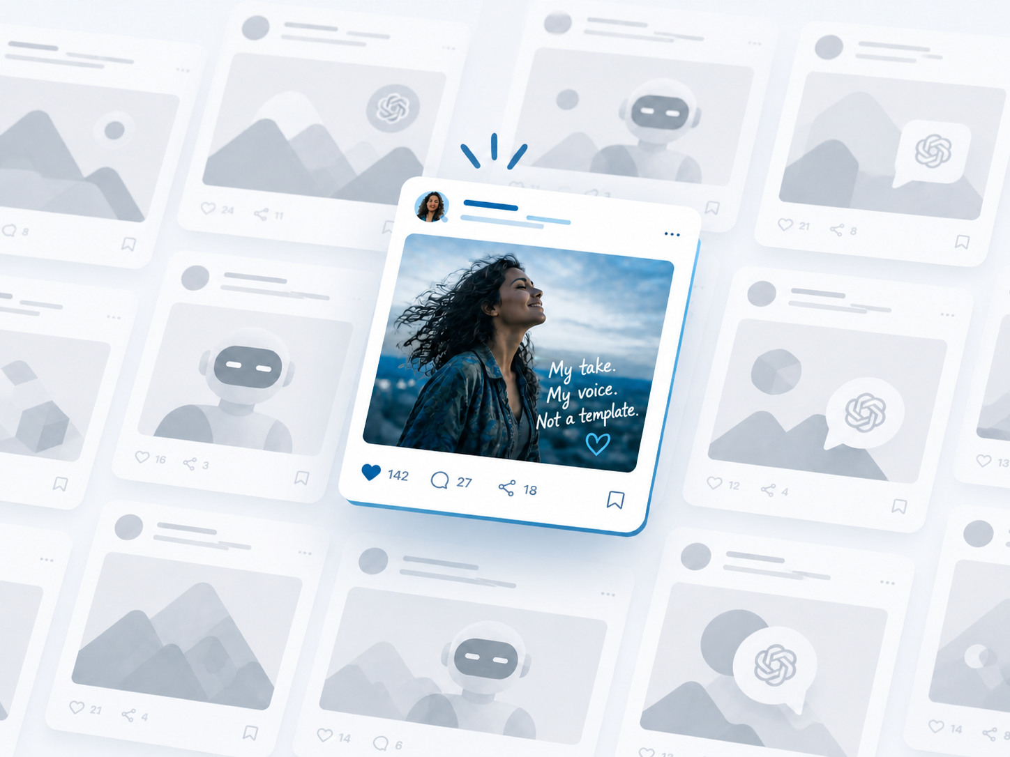 A vibrant social post by a real creator standing out among faded, generic AI-generated posts in the background.